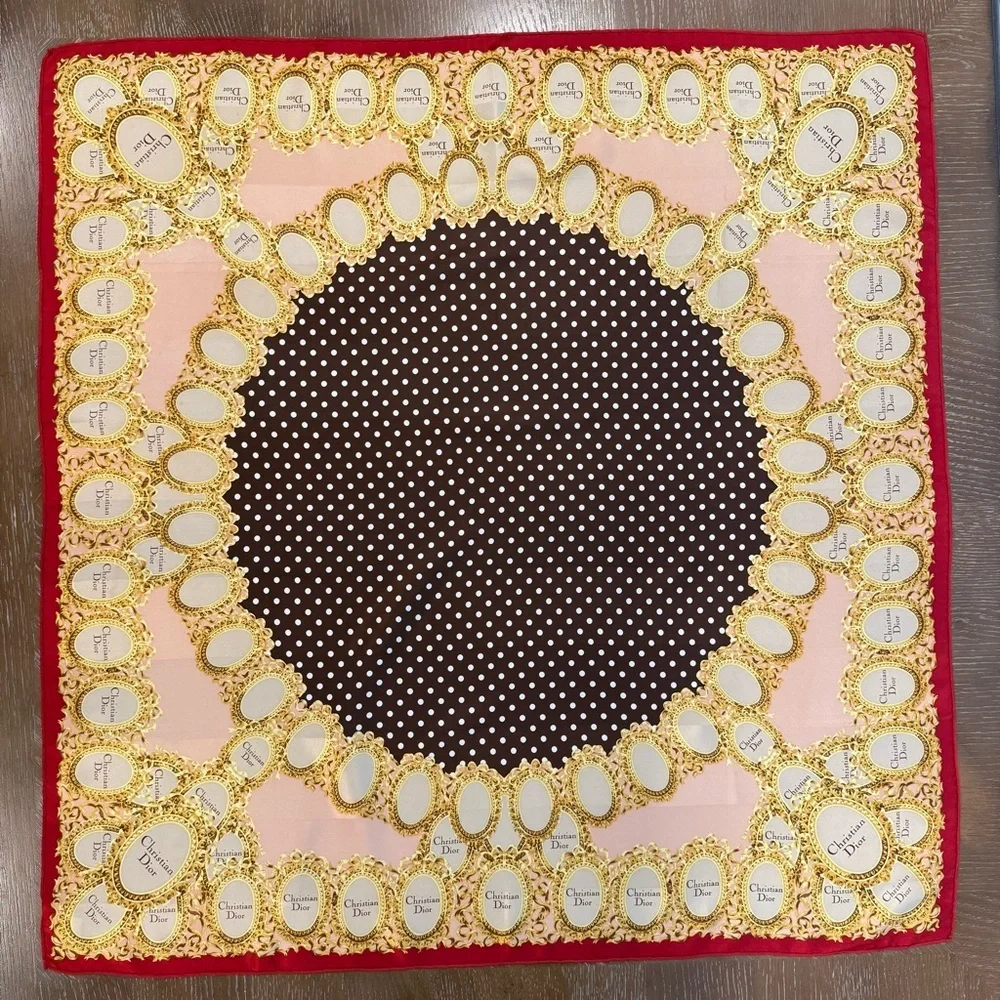 Authentic Christian Dior Brown and Gold Scarf with Red Trim